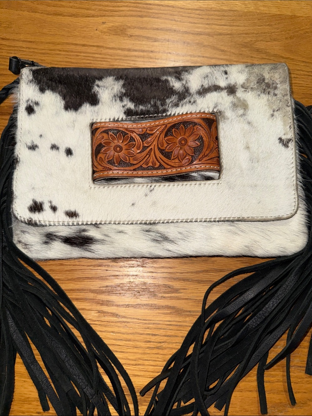 American Darling Black & White Cowhide Fringe Crossbody w/Tooled Leather Accent